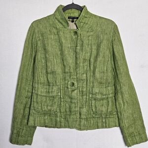 EILEEN FISHER GREEN 100% LINEN JACKET W/ COLLAR AND POCKETS SMALL S